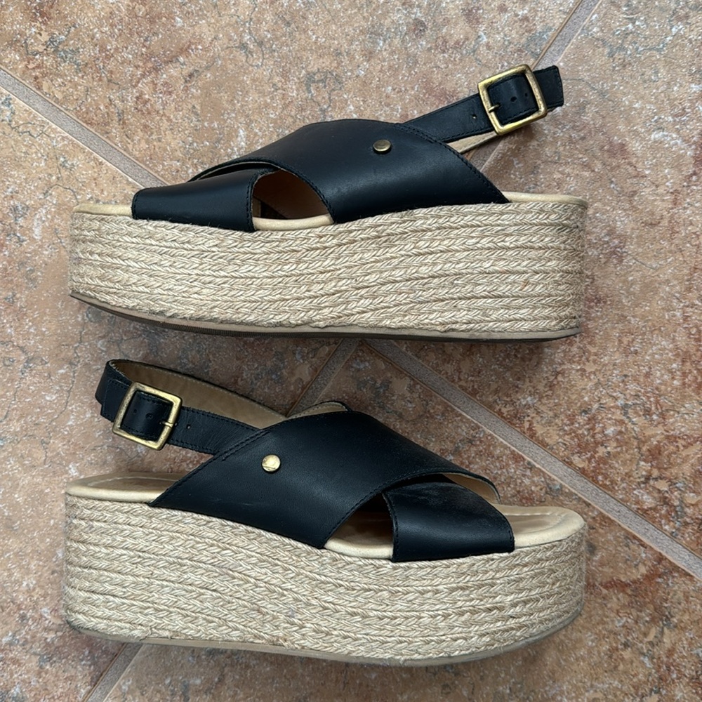 Portlamd Leather Patina Black Espadrille Platform Sandals Sz 9